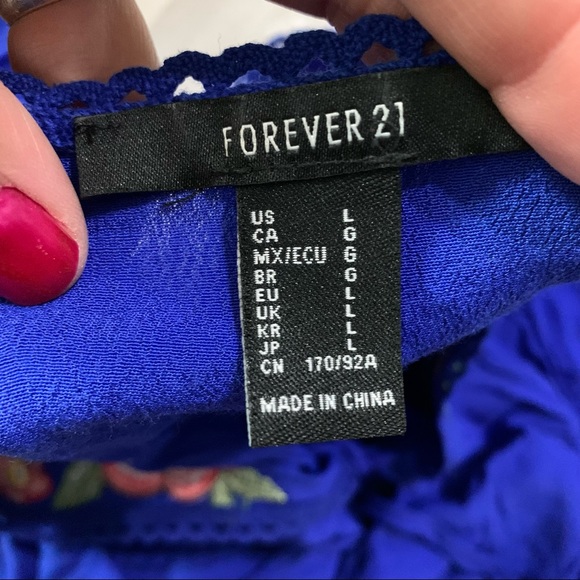 Forever 21 Royal Blue Embroidered Tie Front Top L - Picture 7 of 9